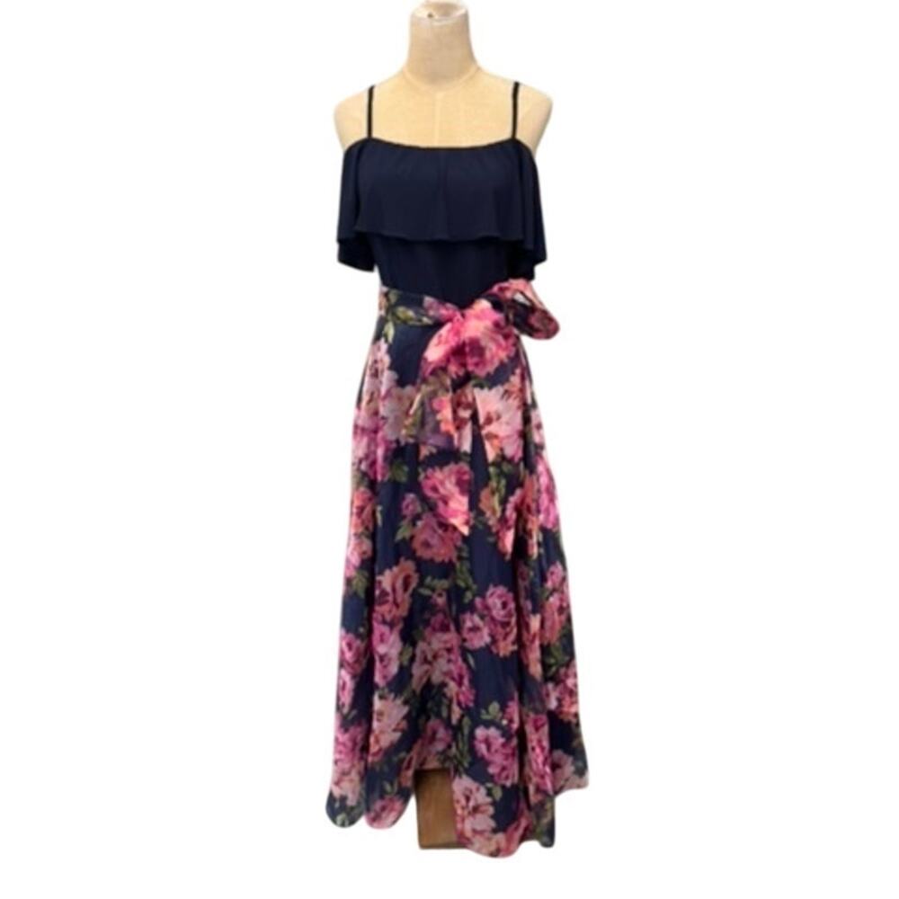 "ELIZA J." Floral Maxi Overlay‎ Summer Dress SZ 6 Tea Garden Party Core Belted